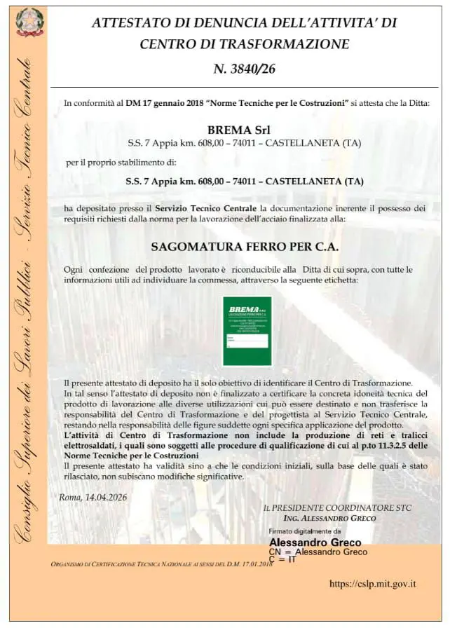 Attestato centro di trasformazione Brema SRL sagomatura ferro per cemento armato